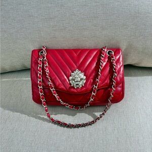 CHANEL Red Lambskin Chevron Flap Bag SHW Lion Hardware